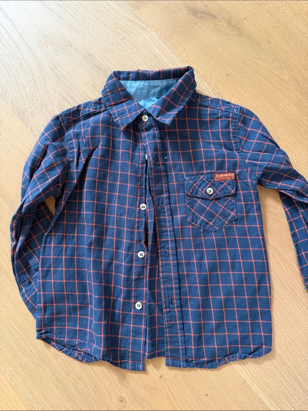 7 For All Mankind Navy Blue Plaid Button-Down Shirt with Red Grid